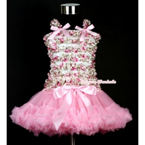 Light Pink Pettiskirt with Rose Fusion Print Ruffles Tank Top With Light Pink Bow MR199 