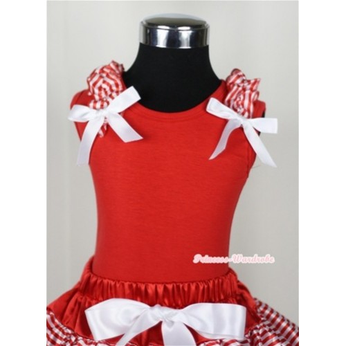 Red Tank Top with Red White Striped Ruffles and White Bows T434 