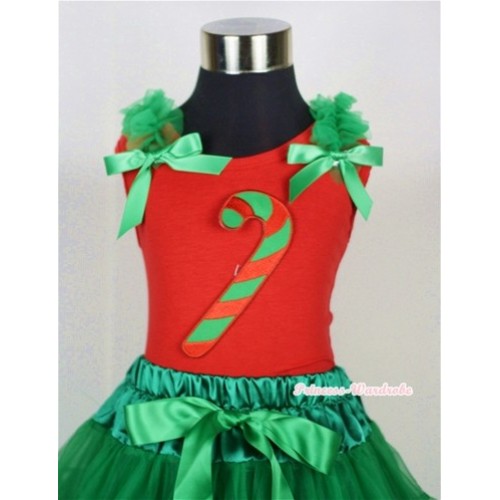 Christmas Stick Print Red Tank Top with Kelly Green Ruffles and Kelly Green Bow T600 