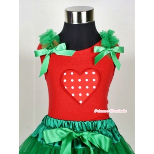 Red White Polka Dots Heart Print Red Tank Top with Kelly Green Ruffles and Kelly Green Bow T602 