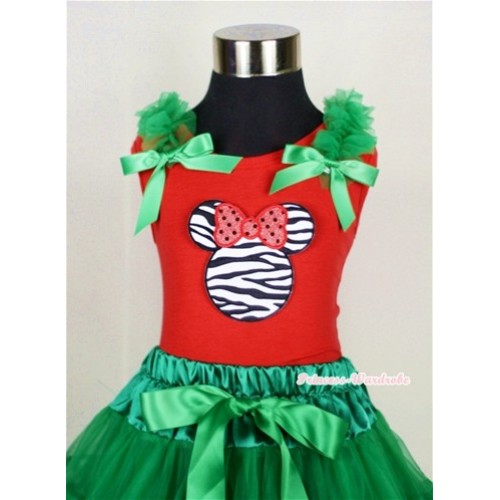 Zebra Minnie Print Red Tank Top with Kelly Green Ruffles and Kelly Green Bow T604 