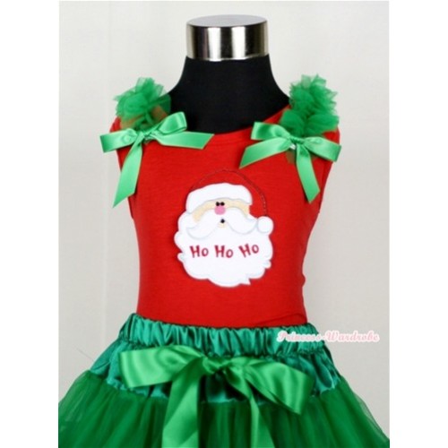 Santa Claus Print Red Tank Top with Kelly Green Ruffles and Kelly Green Bow T605 