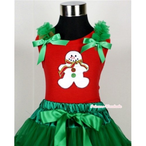 Christmas Gingerbread Snowman Print Red Tank Top with Kelly Green Ruffles and Kelly Green Bow T607 