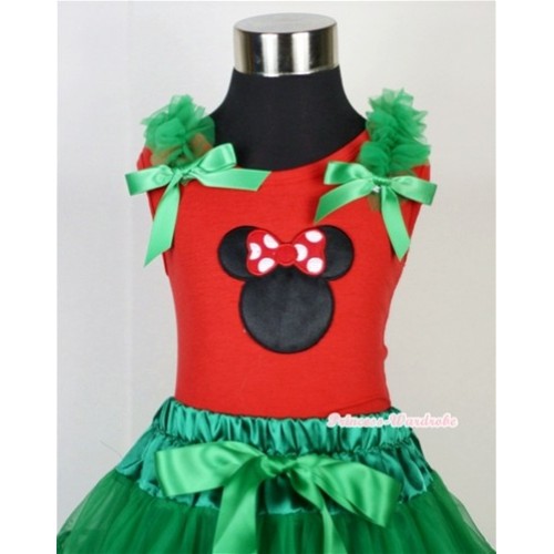 Minnie Print Red Tank Top with Kelly Green Ruffles and Kelly Green Bow T608 