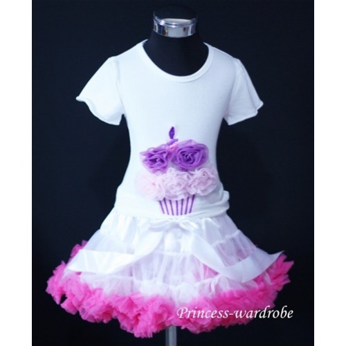White Hot Pink Pettiskirt With White Birthday Cake Tank Top with Dark Purple Light Pink Rosettes T48 