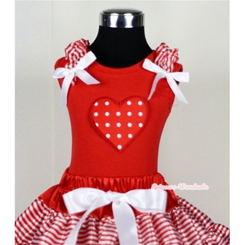 Red White Polka Dots Heart Print Red Tank Top with Red White Striped Ruffles and White Bow T612 