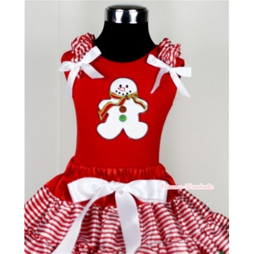 Christmas Gingerbread Snowman Print Red Tank Top with Red White Striped Ruffles and White Bow T613 