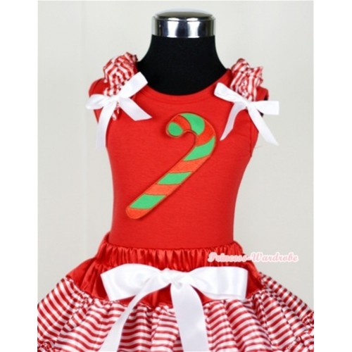 Christmas Stick Print Red Tank Top with Red White Striped Ruffles and White Bow T614 