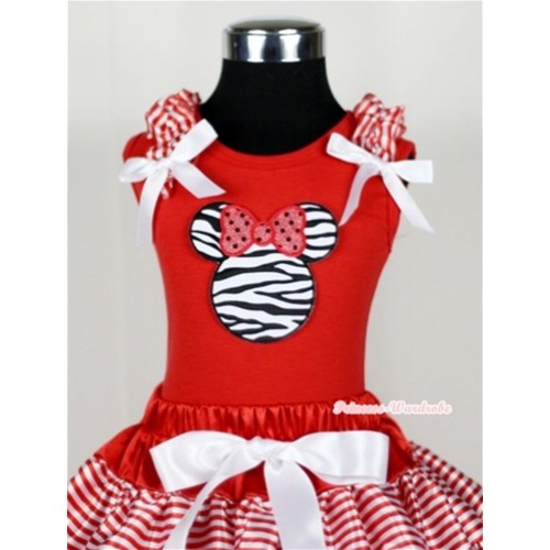 Zebra Minnie Print Red Tank Top with Red White Striped Ruffles and White Bow T615 