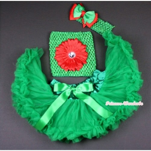 Kelly Green Baby Pettiskirt, Red Flower and Green Crochet Tube Top,Green Headband with Green & Red Bow 3PC Set CT481 