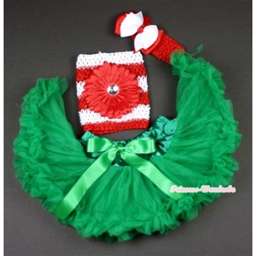 Kelly Green Baby Pettiskirt, Red Flower and Red White Striped Crochet Tube Top,Red Headband with Red White Bow 3PC Set CT482 