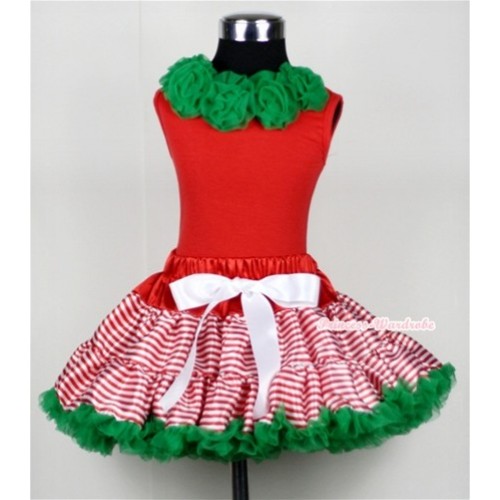 Red White Striped Pettiskirt with Matching Kelly Green Rosettes Red Tank Top M343 