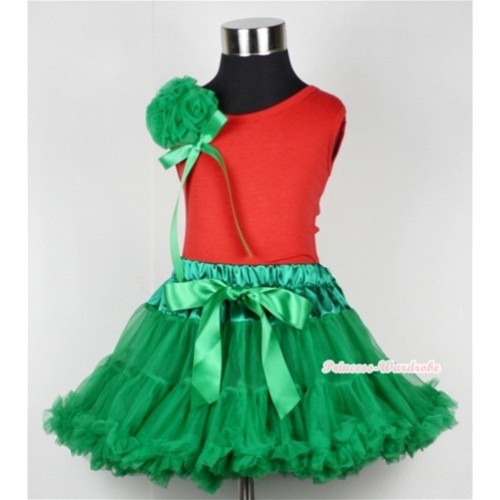 Kelly Green Pettiskirt with a Bunch of Kelly Green Rosettes and Green Bow Red Tank Top M452 