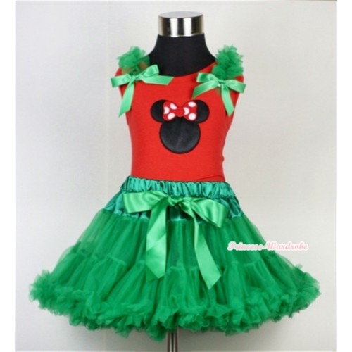 Kelly Green Pettiskirt & Minnie Print Red Tank Top with Kelly Green Ruffles and Bow CM113 