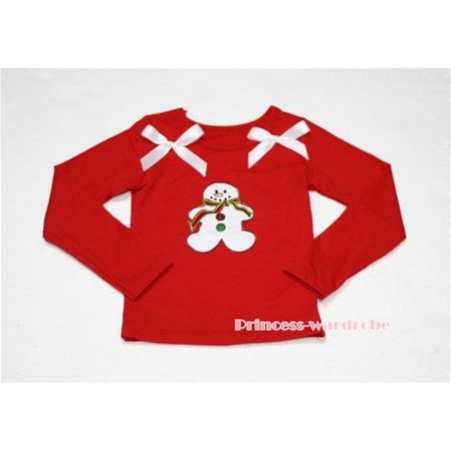 Christmas Gingerbread Snowman Red Long Sleeves Top with White Ribbon TW85 