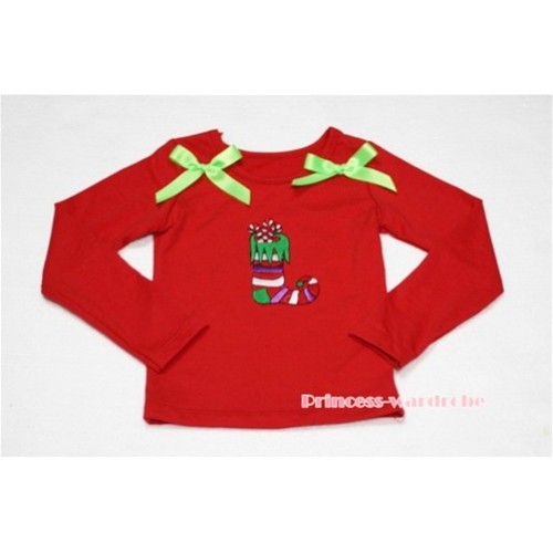 Christmas Sock Red Long Sleeves Top with Light Green Ribbon TW89 