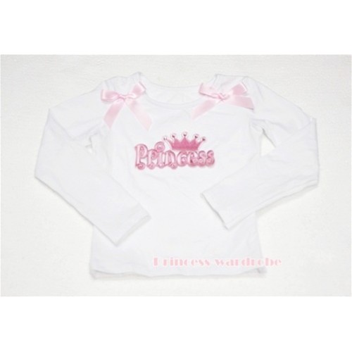 White Long Sleeves Top with Crown Princess Logo Print with Pink Ribbon TW96 