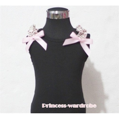 Black Tank Top with Pink Ribbon and Pink Leopard ruffles T303 