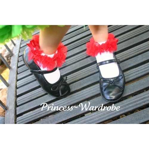 Plain Style Pure White Socks with Red Ruffles and Bow H181 