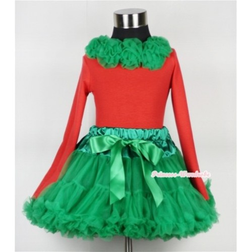 Kelly Green Pettiskirt  Matching Kelly Green Rosettes Red Long Sleeves Top MB01 