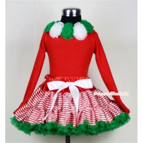 Red White Striped mix Christmas Green Pettiskirt Matching Kelly Green & White Rosettes Red Long Sleeves Top MB02 