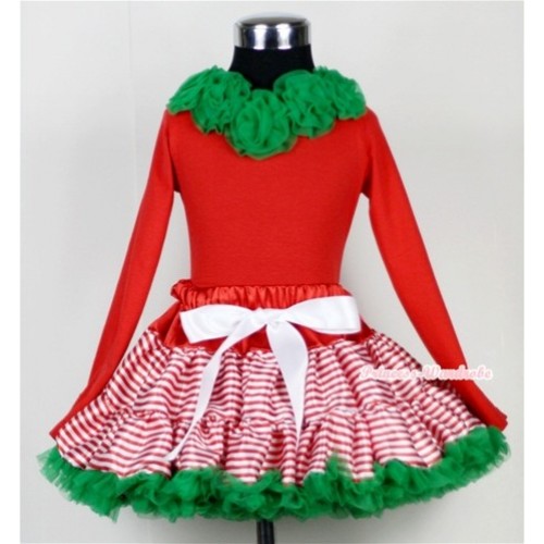 Red White Striped mix Christmas Green Pettiskirt Matching Kelly Green Rosettes Red Long Sleeves Top MB03 