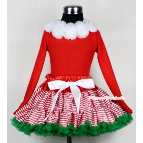 Red White Striped mix Christmas Green Pettiskirt Matching White Rosettes Red Long Sleeves Top MB04 