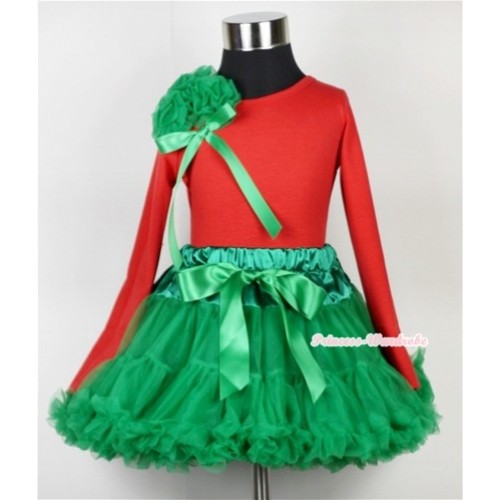 Kelly Green Pettiskirt  with Matching Red Long Sleeves Top with Bunch Kelly Green Rosettes & Kelly Green Bow MB05 