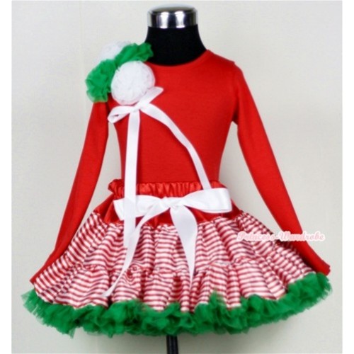 Red White Striped mix Christmas Green Pettiskirt  with Matching Red Long Sleeves Top with Bunch Kelly Green & White Rosettes & White Bow MB06 