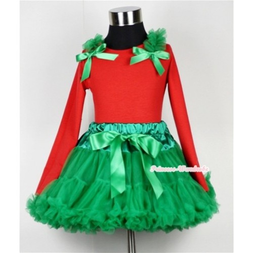 Kelly Green Pettiskirt  with Matching Red Long Sleeves Top with & Kelly Green Ruffles & Kelly Green Bow MB07 