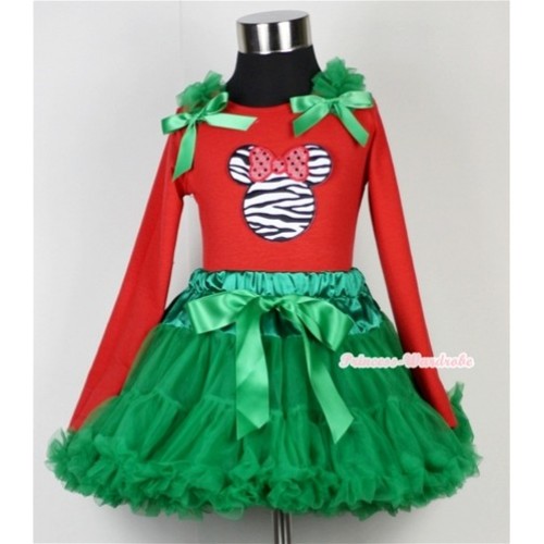 Kelly Green Pettiskirt  with Zebra Minnie Print Red Long Sleeves Top with Kelly Green Ruffles & Kelly Green Bow MB10 