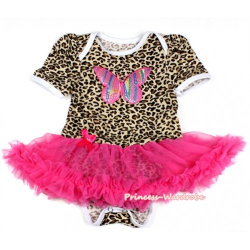 Leopard Baby Bodysuit Jumpsuit Hot Pink Pettiskirt with Rainbow Butterfly Print JS2093 