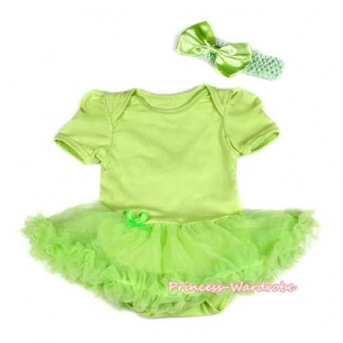 Light Green Baby Bodysuit Jumpsuit Light Green Pettiskirt With Light Green Headband Light Green Satin Bow JS2098 