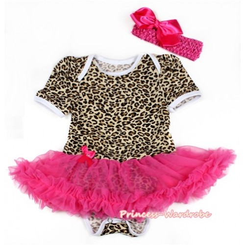 Leopard Baby Bodysuit Jumpsuit Hot Pink Pettiskirt With Hot Pink Headband Hot Pink Silk Bow JS2099 