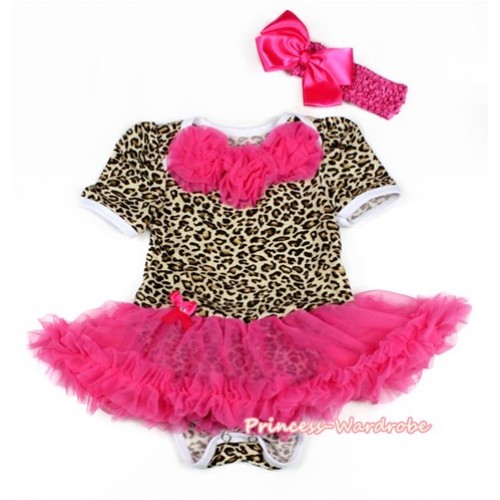 Leopard Baby Jumpsuit Hot Pink Pettiskirt With Hot Pink Rosettes With Hot Pink Headband Hot Pink Silk Bow JS2100 