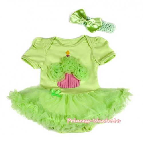 Light Green Baby Bodysuit Jumpsuit Light Green Pettiskirt With Light Green Birthday Cake Print With Light Green Headband Light Green Satin Bow JS2109 