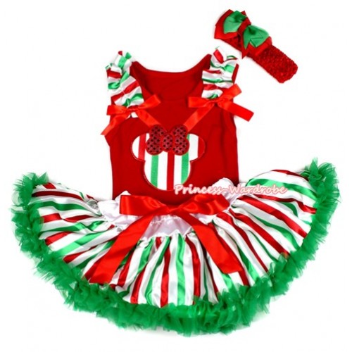 Xmas Red Baby Pettitop with Red White Green Striped Minnie Print with Red White Green Striped Ruffles & Red Bow with Red White Green Striped Newborn Pettiskirt NG1295 