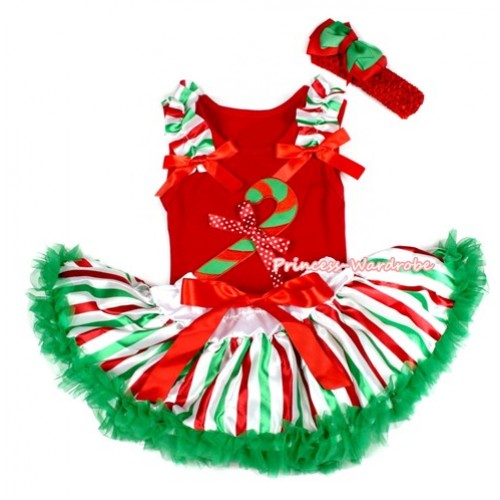 Xmas Red Baby Pettitop with Christmas Stick Print & Minnie Dots Bow with Red White Green Striped Ruffles & Red Bow with Red White Green Striped Newborn Pettiskirt NG1296 