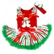 Xmas Red Baby Pettitop with Christmas Gingerbread Snowman Print with Red White Green Striped Ruffles & Red Bow with Red White Green Striped Newborn Pettiskirt NG1300 