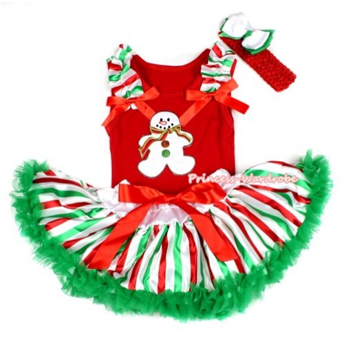 Xmas Red Baby Pettitop with Christmas Gingerbread Snowman Print with Red White Green Striped Ruffles & Red Bow with Red White Green Striped Newborn Pettiskirt NG1300 