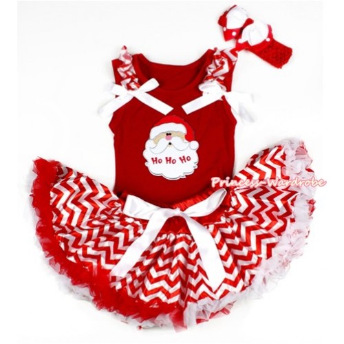 Xmas Red Baby Pettitop with Santa Claus Print with Red White Wave Ruffles & White Bow with Red White Wave Newborn Pettiskirt NG1306 