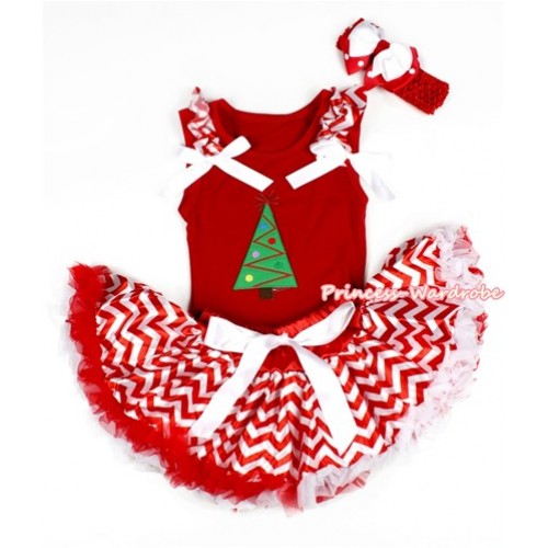 Xmas Red Baby Pettitop with Christmas Tree Print with Red White Wave Ruffles & White Bow with Red White Wave Newborn Pettiskirt NG1307 