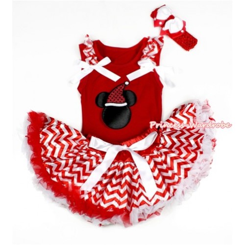 Xmas Red Baby Pettitop with Christmas Minnie Print with Red White Wave Ruffles & White Bow with Red White Wave Newborn Pettiskirt NG1308 