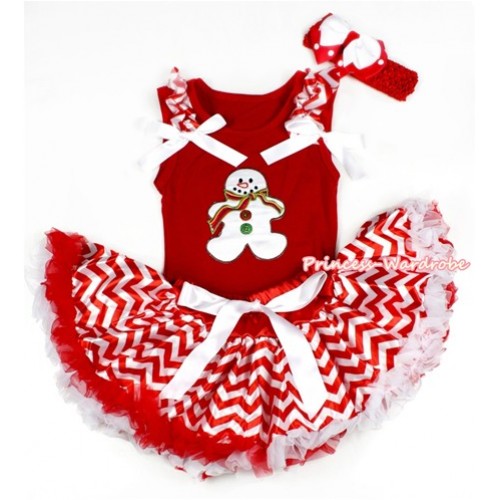 Xmas Red Baby Pettitop with Christmas Gingerbread Snowman Print with Red White Wave Ruffles & White Bow with Red White Wave Newborn Pettiskirt NG1309 