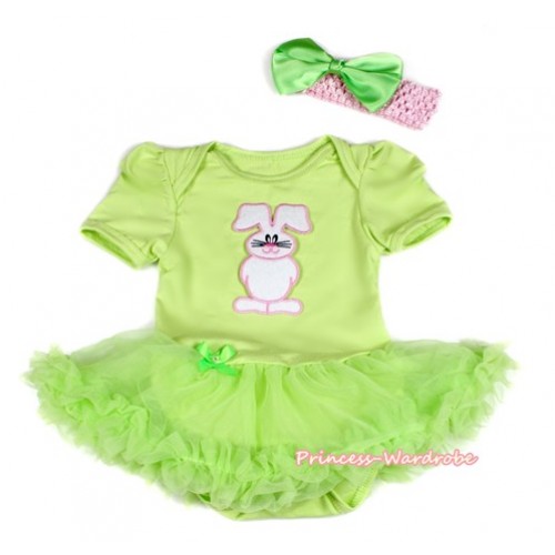 Light Green Baby Bodysuit Jumpsuit Light Green Pettiskirt With Bunny Rabbit Print With Light Pink Headband Light Green Silk Bow JS2112 