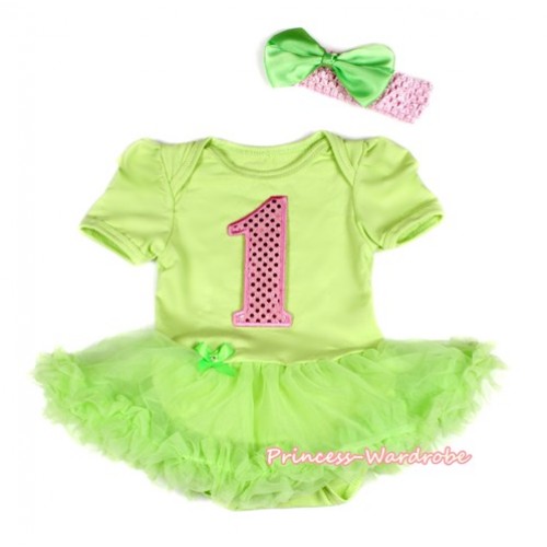Light Green Baby Bodysuit Jumpsuit Light Green Pettiskirt With 1st Sparkle Light Pink Birthday Number Print With Light Pink Headband Light Green Silk Bow JS2114 