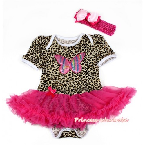 Leopard Baby Bodysuit Jumpsuit Hot Pink Pettiskirt With Rainbow Butterfly Print With Hot Pink Headband Light Hot Pink Ribbon Bow JS2119 