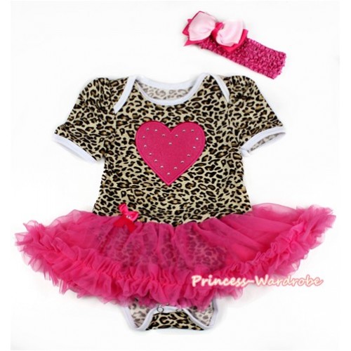 Leopard Baby Bodysuit Jumpsuit Hot Pink Pettiskirt With Hot Pink Heart Print With Hot Pink Headband Light Hot Pink Ribbon Bow JS2121 