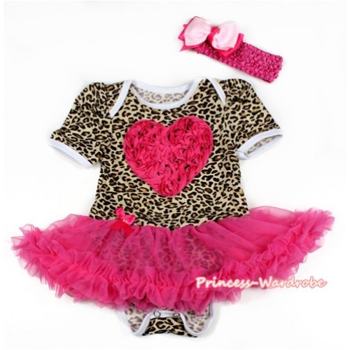 Leopard Baby Bodysuit Jumpsuit Hot Pink Pettiskirt With Hot Pink Rosettes Heart Print With Hot Pink Headband Light Hot Pink Ribbon Bow JS2123 