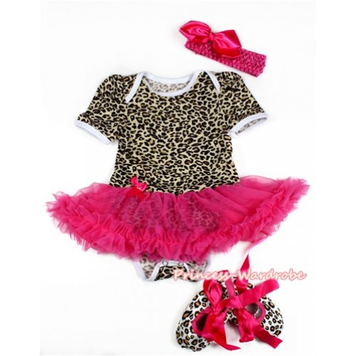 Leopard Baby Jumpsuit Hot Pink Pettiskirt With Hot Pink Headband Hot Pink Silk Bow With Hot Pink Ribbon Leopard Shoes JS2125 